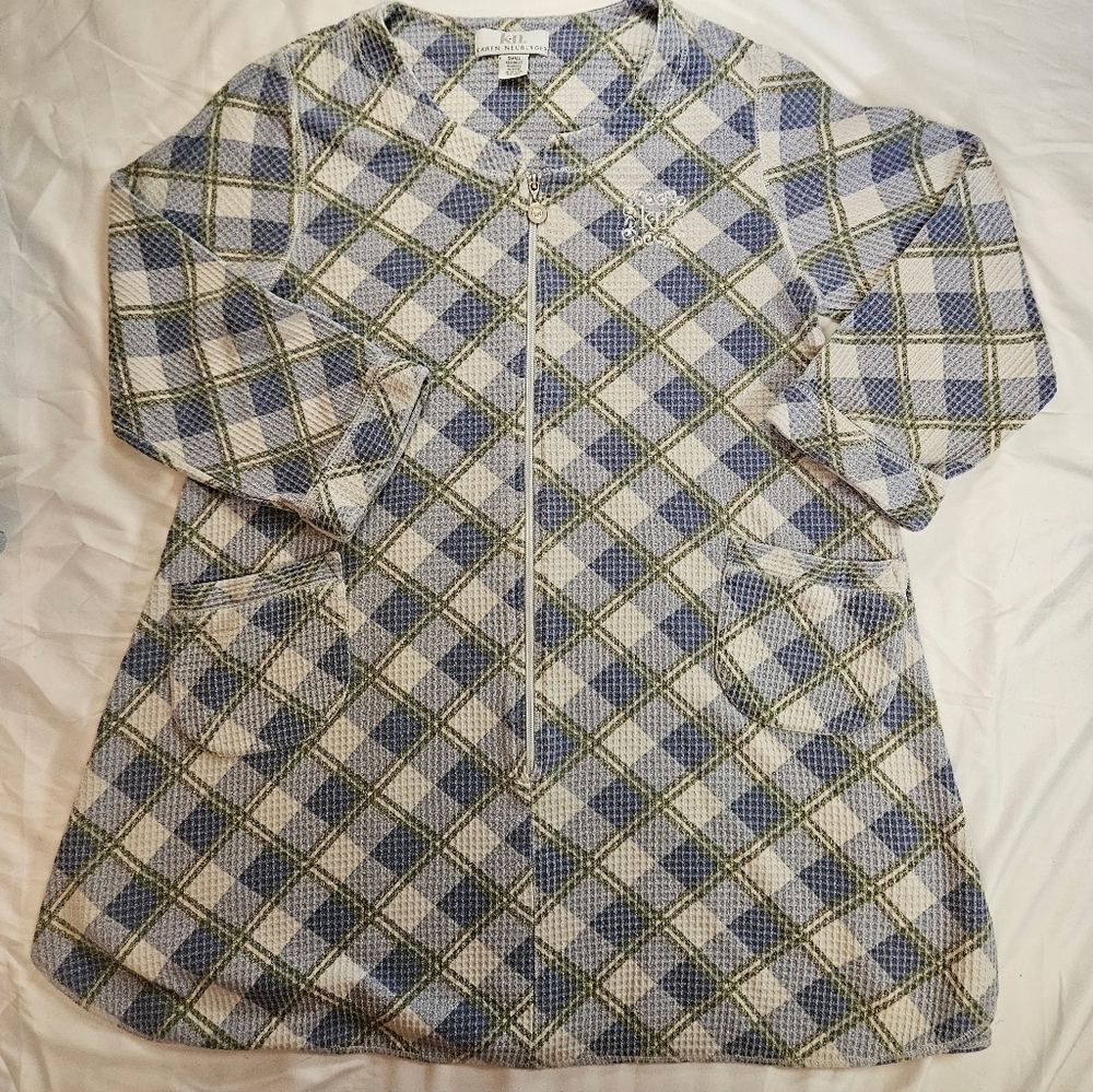 Karen Neuburger Womens Blue & Green Plaid Long Sleeve Zipper Robe Pajama Size Sm